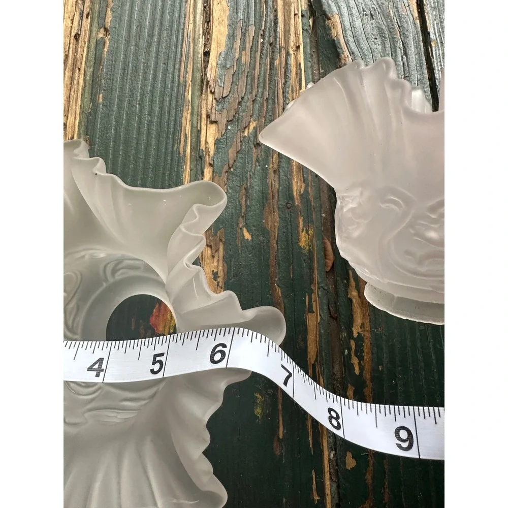 Vintage Frosted Glass Ruffled Lamp Shades Pair Floral Embossed Tulip 2.25 Fitter